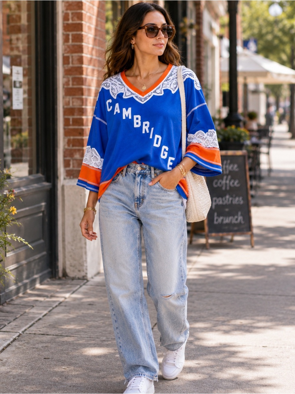 NWT Free People Stanley Tee Blue Orange Lace Jersey Top S - Picture 2 of 8